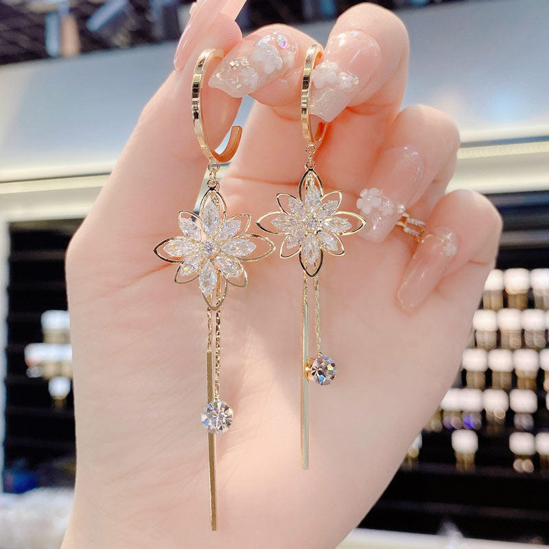 Stylish Flower Earrings Women's Tassel Crystal