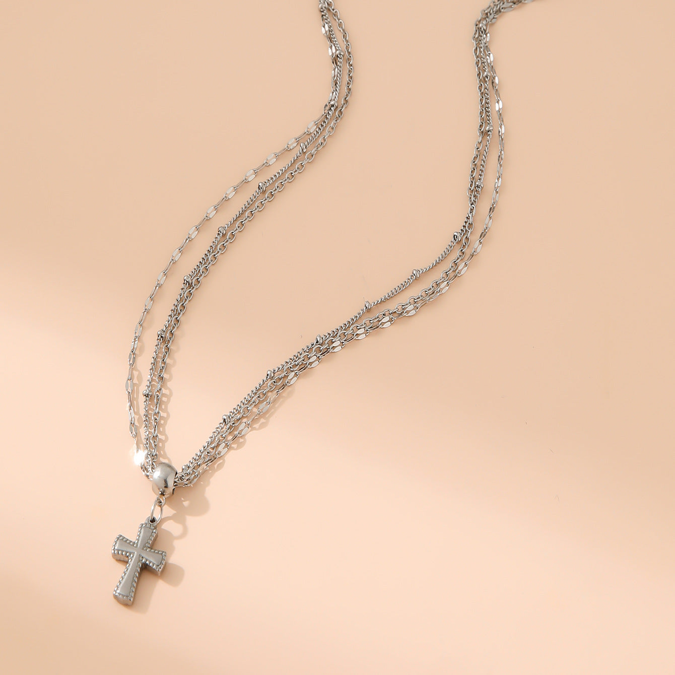 "Stainless Steel Three-layer Queen Cross Necklace – Layered Elegant Religious Pendant Jewelry for Women"