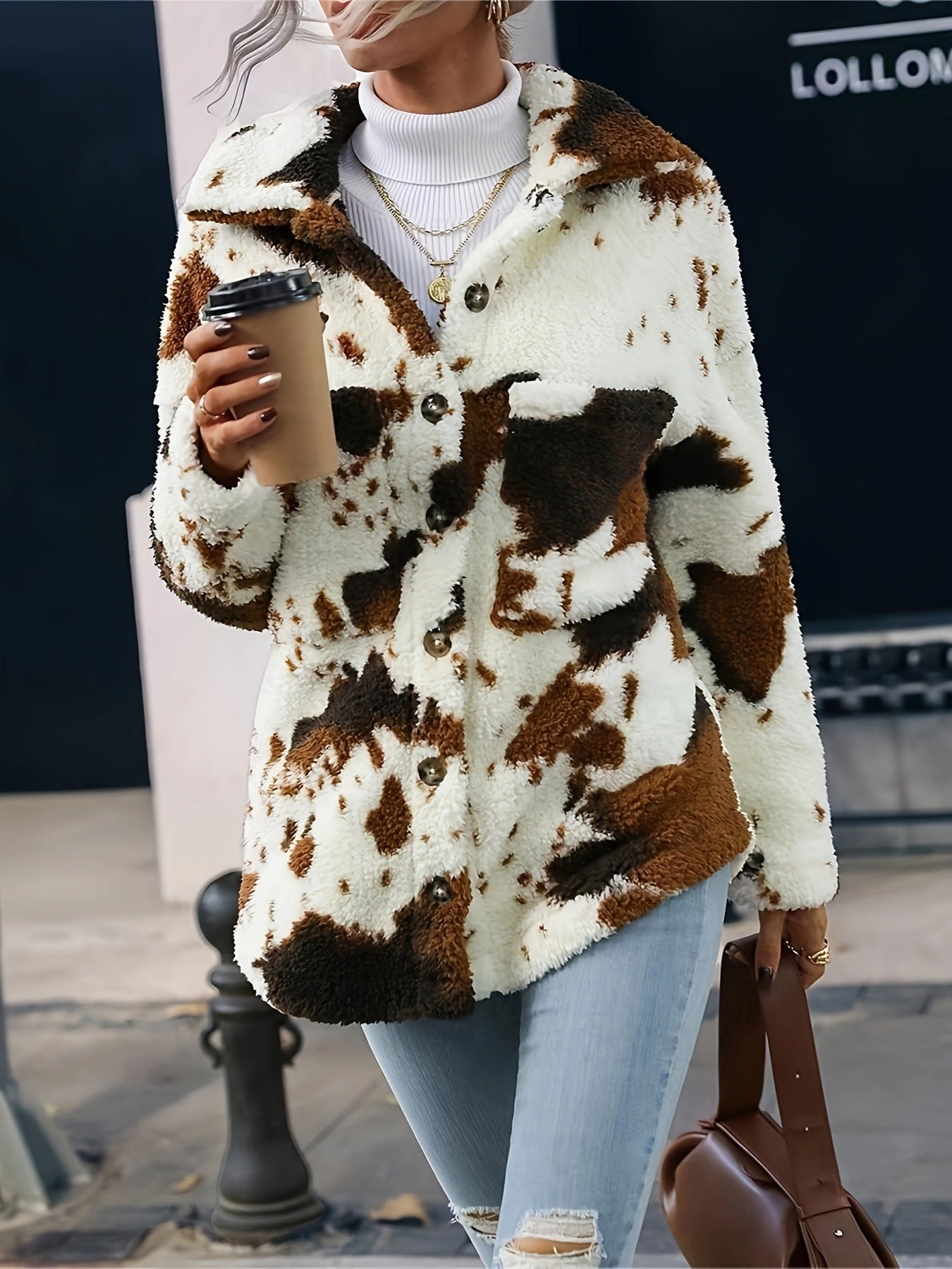 "Double-Sided Plush Cow Pattern Pocket Top Coat – Cozy & Trendy Outerwear for Women"