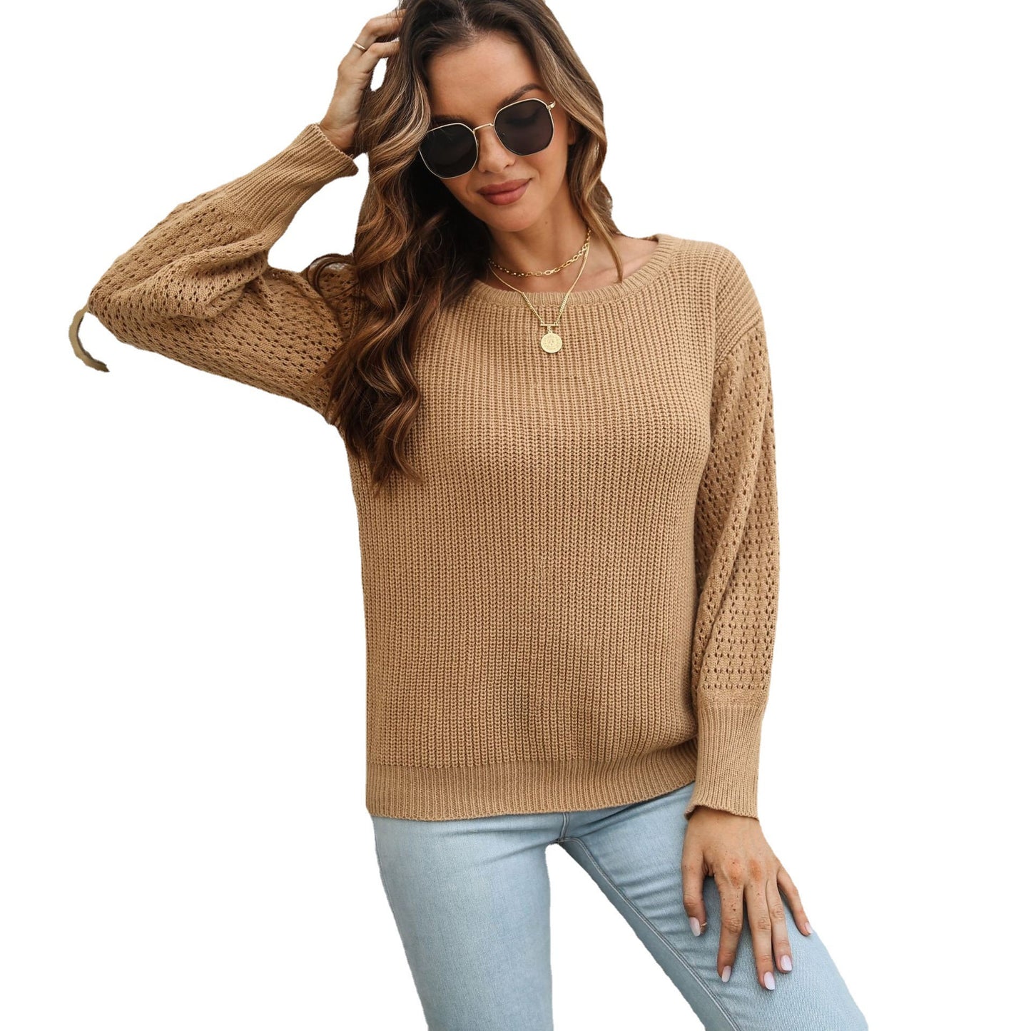 "Women's Loose Autumn Long-sleeved Sweater with Hollow Sleeves – Cozy and Chic Fall Fashion"