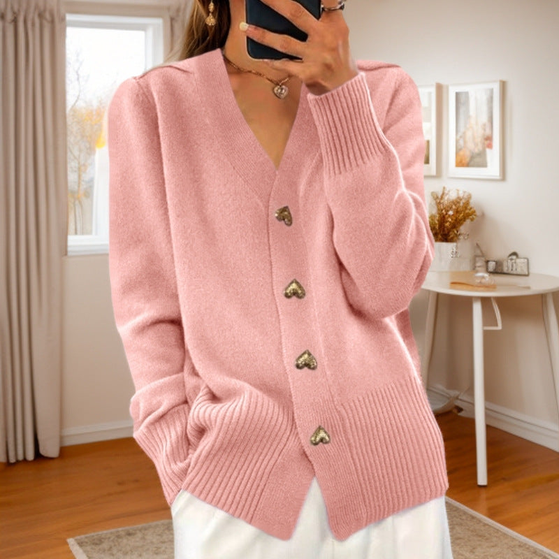 "Autumn & Winter Solid Color Long Sleeve V-Neck Knitted Cardigan"