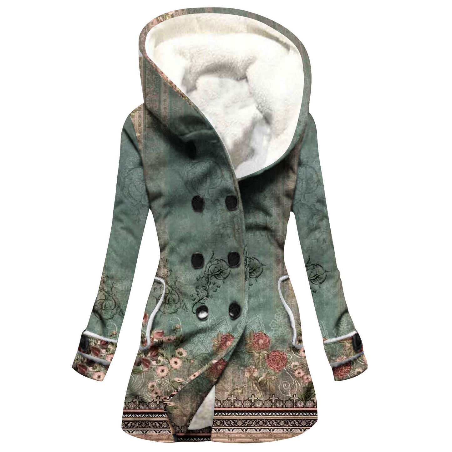 "Women's Winter Windbreaker – Thickened Imitation Lamb Stitching Floral Hooded Coat"