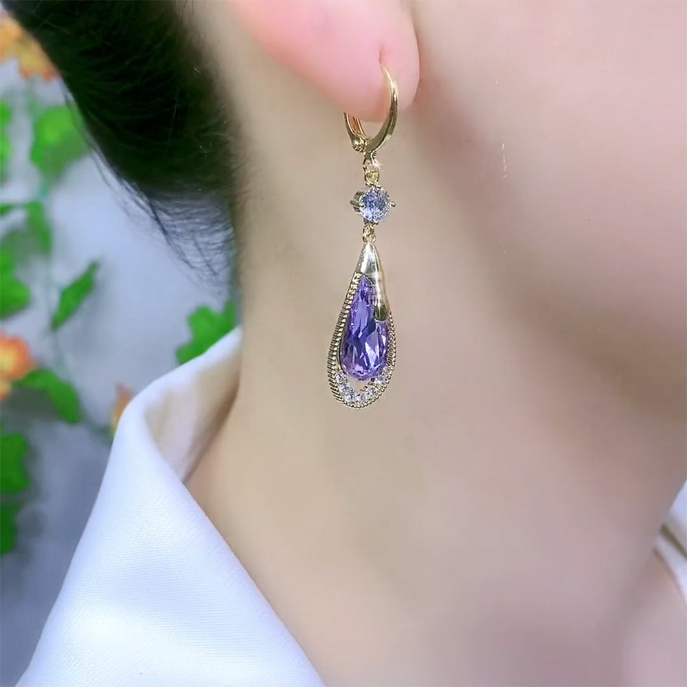 "High-Grade Purple Crystal Earrings – Elegant Drop-Shaped Design for a Luxurious Look"