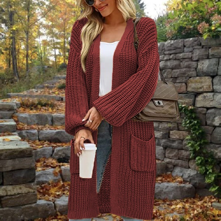 "European & American Lantern Sleeve Cardigan – Loose Fit Mid-Length Sweater with Pockets for Autumn & Winter"