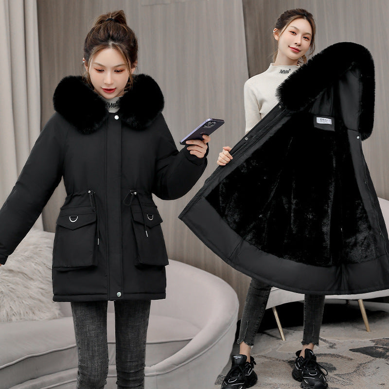 "Waist Slimming Elegant Parka Coat – Cotton-padded with Fur Collar and Velvet Lining"