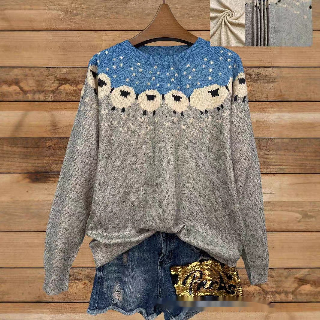 "Autumn Thin Printed Round Neck Long Sleeve Knitted Loose Casual Top – Effortless Comfort with a Stylish Twist"