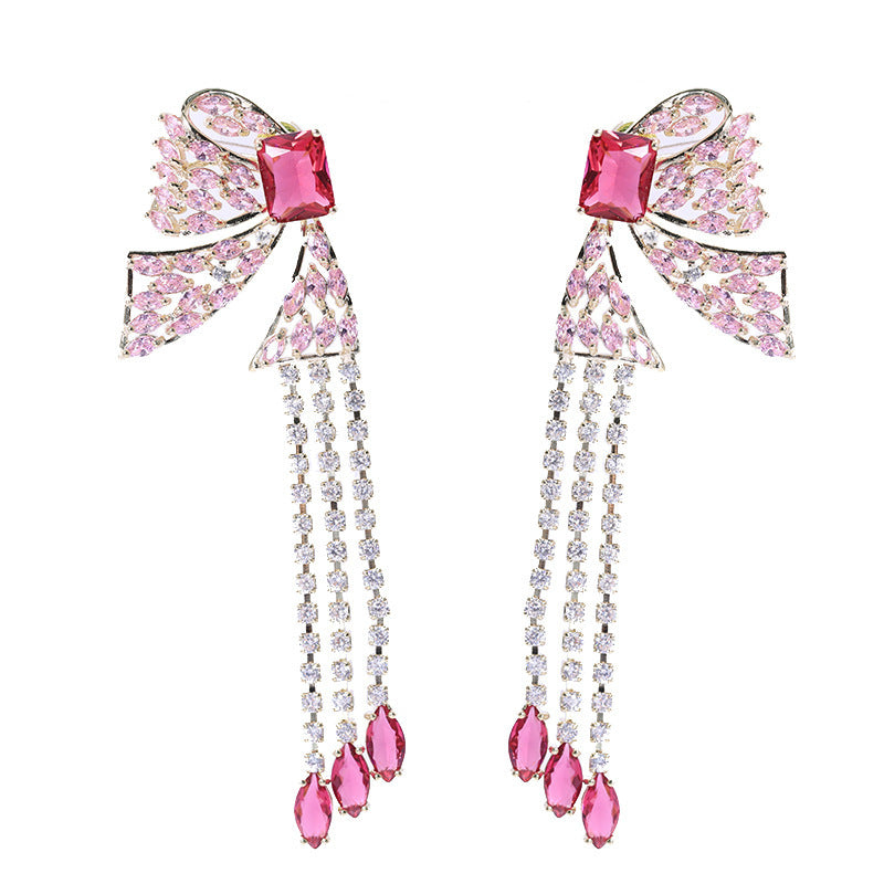 French Heavy Industry Color Tassel Long Zircon Earrings