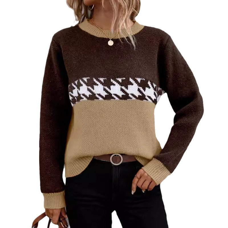 "Contrast Color Round Neck Pullover – Fashionable Geometric Pattern Knitted Sweater"