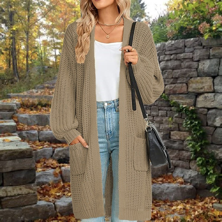 "European & American Lantern Sleeve Cardigan – Loose Fit Mid-Length Sweater with Pockets for Autumn & Winter"