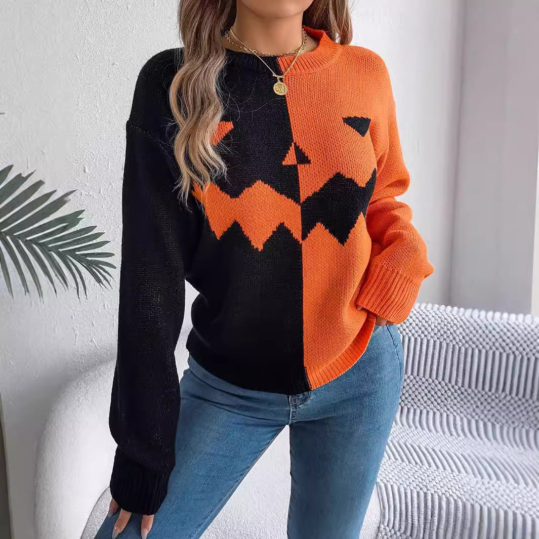 "Stylish and Cozy Halloween-Themed Contrast-Color Pullover Sweater – Long Sleeve Fashion Knitwear for Women’s Fall Collection"