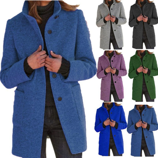 "Fashion Stand Collar Woolen Coat with Pockets – Fall & Winter Casual Buttoned Outwear for Women"