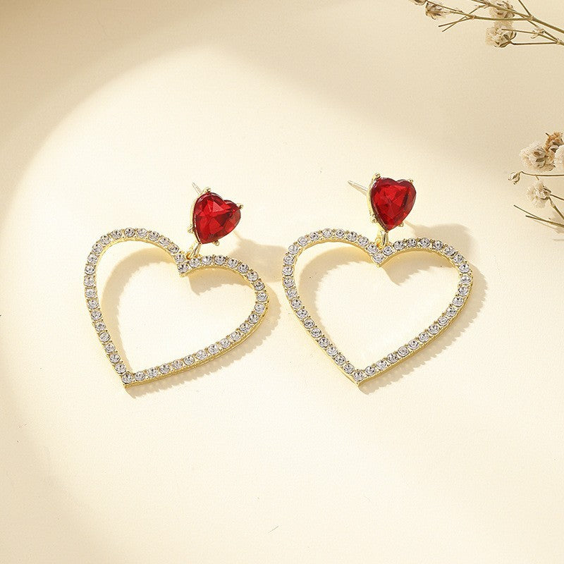 Double Heart Ruby Full Diamond Micro Inlaid Hollow Earrings With Peach Heart And Gentle Temperament